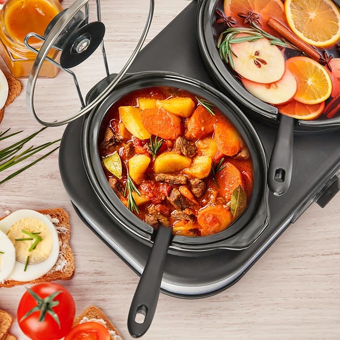 Triple Slow Cooker Buffet Server Food Warmer with 3 Adjustable Temperature Modes, Slow Cooker with 1.5 QT Ceramic Pot, Removeable Glass Lid and 3 PVC Spoons, Dishwasher Safe, Stainless Steel