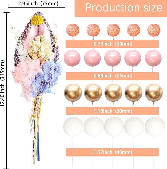 Gyufise 21 Pack Flower Boho Cake Topper Ball Cake Decorations Palm Leaves Plants Cake Decor for Girl Bohemian Princess Theme Wedding Baby Shower Birthday Party Supplies Pink
