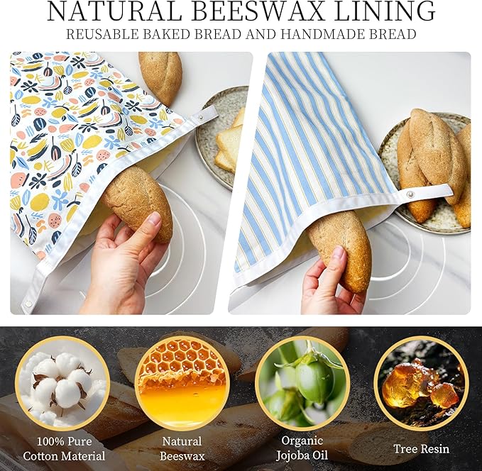 2 Pack Reusable Beeswax Bread Bags for Sourdough & Homemade Bread，bees wax bread bags for homemade bread sourdough ，Cotton Reusable Beeswax Bread Storage Bag, Keep Fresh and Portable