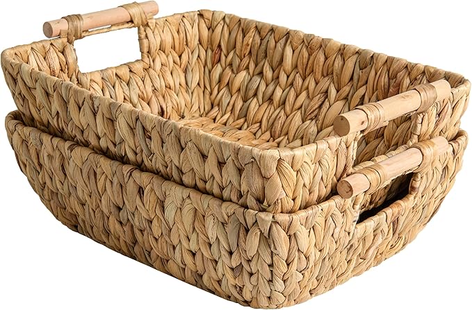 StorageWorks Hand-Woven Jumbo Storage Baskets with Wooden Handles, Water Hyacinth Wicker Baskets for Organizing, 2 Pack