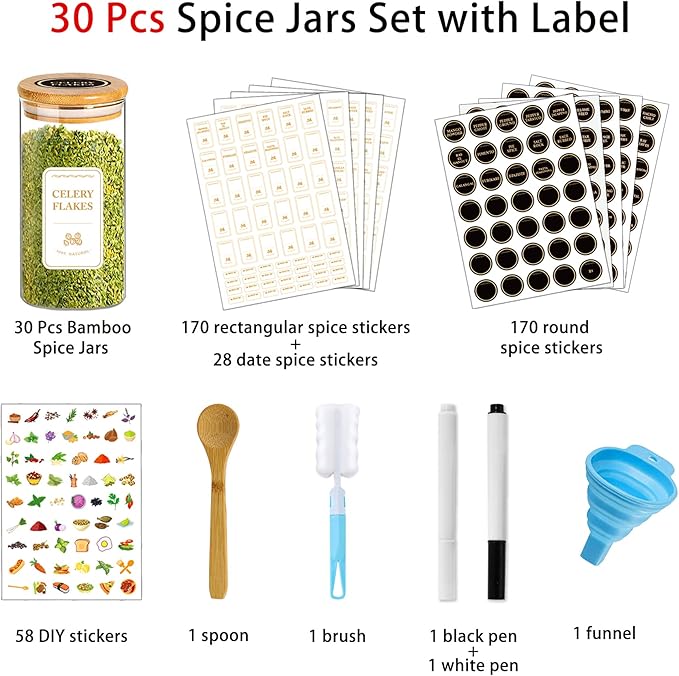 Spice Jars with Labels, 30Pcs 6oz Glass Spice Jars with Bamboo Lids, Minimalist Stackable Airtight Spice Containers with 426 labels for Kitchen Seasoning, Tea, Herbs, Coffee, Sugar,Shells