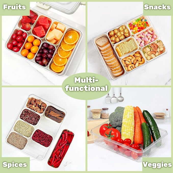 Divided Serving Tray with Lid and Handle, Snackle Box Container Portable Snack Platters with 7 Compartments & Forks, Ice Chilled Organizer for Fruits, Veggies, Salad, Perfect for Entertaining,Picnic