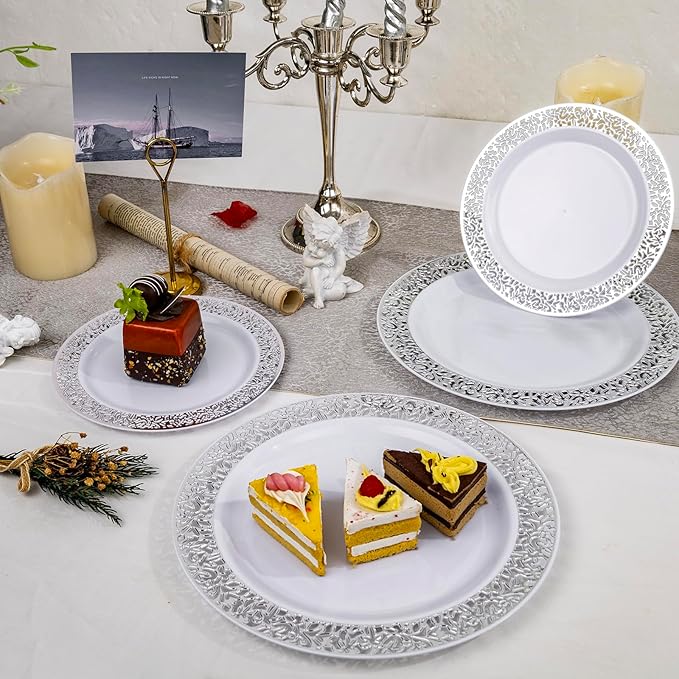 I00000 200 Pieces Silver Plastic Plates, Disposable Plastic Plates for 100 Guests Include: 100 Pcs Dinner Plate 10.25” and 100 Pcs Dessert Plate 7.5” with Silver Lace Rim Perfect for Wedding & Party