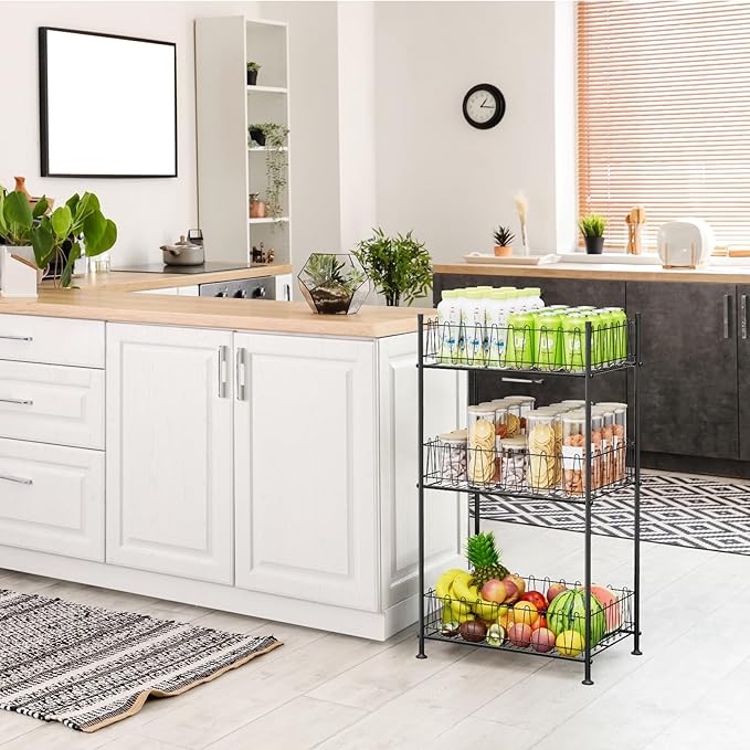 Water Bottle Organizer 3 Tier Freestanding Water Bottle Holder Storage Rack Metal Drink Beverage Soda Can Organizer Shelf Stand for Floor Pantry Kitchen Classroom Food Storage, Black