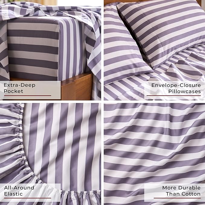 Mellanni Queen Sheets Set - 4 PC Iconic Collection Bedding - Hotel Luxury, Extra Soft, Cooling Bed Sheets - Wrinkle, Fade, Stain Resistant (Queen, Oxford Stripe Hazy Lilac)