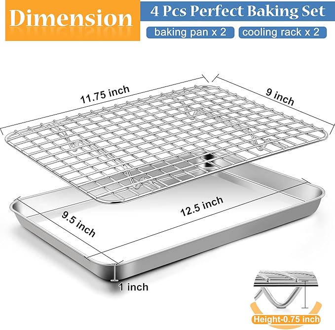 TeamFar Baking Pan with Rack Set (2 Pans + 2 Racks), Stainless Steel Cookies Sheet Baking Tray Pan with Grid Cooling Rack for Toaster Oven, Healthy & Heavy-Duty, Dishwasher Safe, 12.5 x 10 x 1 Inch