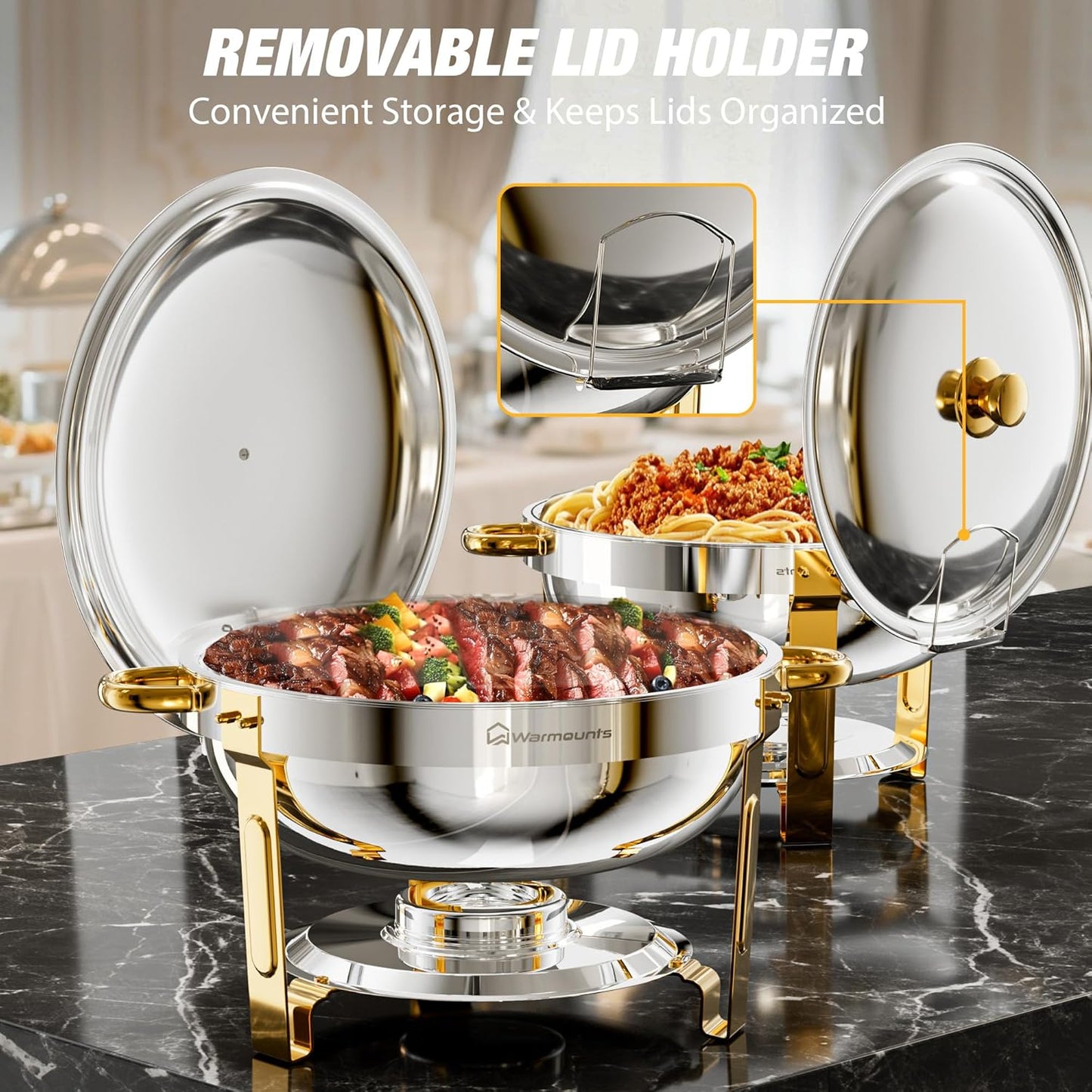 Gold Chafing Dishes for Buffet (5QT, 4 Pack), Round Chafers and Buffet Warmers Sets, Food Grade Stainless Steel Chafing Dish Set, Rolled Edge Design, for Catering Events, Parties, Weddings