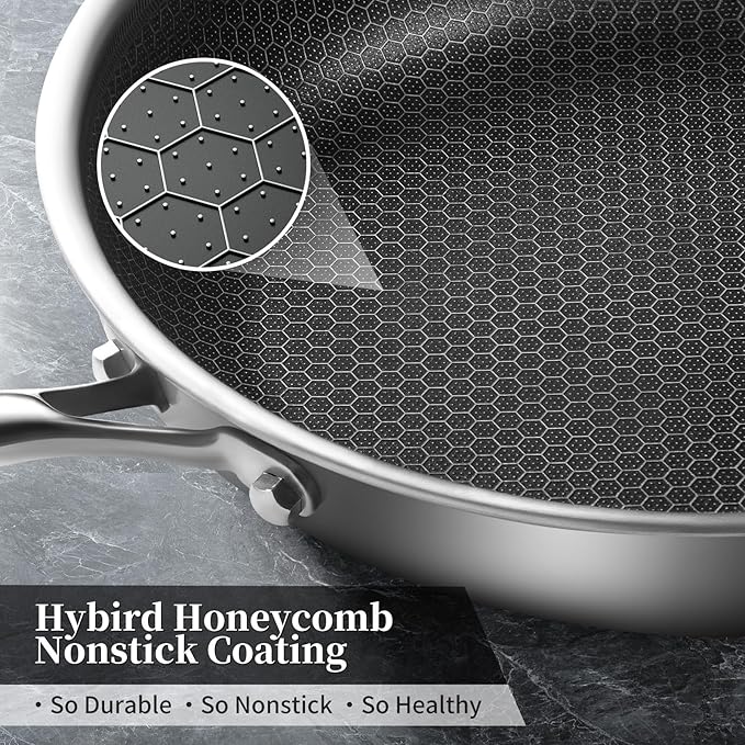12 inch Tri-Ply Stainless Steel Frying Pan With Lid Large Nonstick Honeycomb Coatings Skillet for Eggs & Omelettes Non Toxic Healthy Omelette Pan Compatible W/All Cooktops