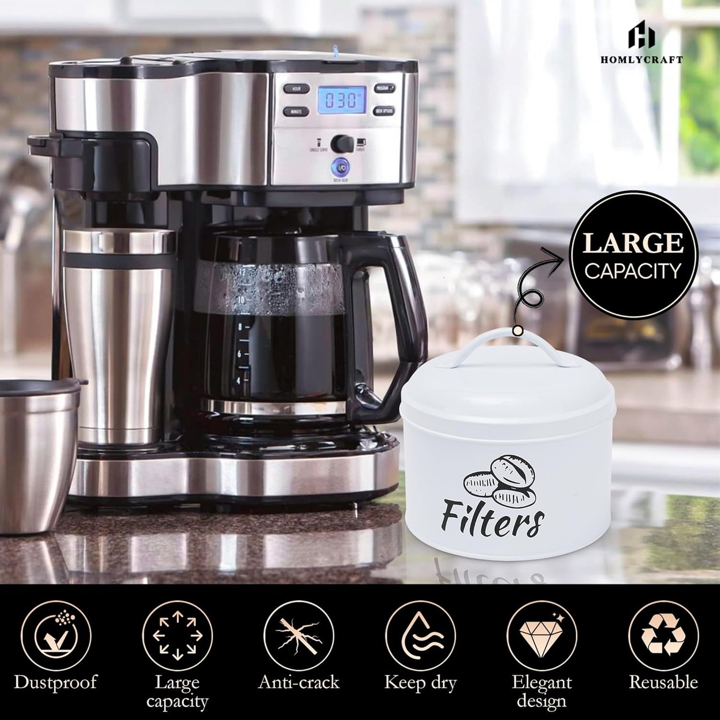 Coffee Filter Holder with Metal Lid – Coffee Filter Container for Countertop – Modern Organizer for Cone Filters – Coffe Bar Accessory for Kitchen Decor (white)