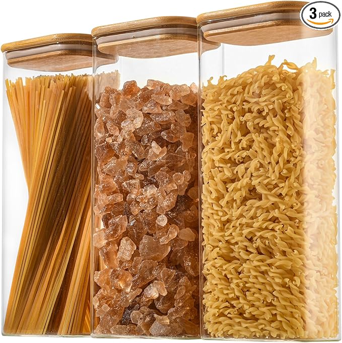 71oz Rectangle Airtight Glass Storage Containers with Bamboo Lids (Set of 3), Square Food Storage Jar, Pantry Organizers for Sugar, Flour, Spaghetti and Coffee beans (‎with Black Lable)