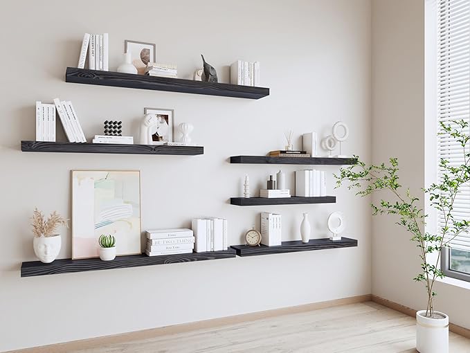 Rustic Floating Shelves 72 inch Long 8 "deep Set of 2, Heavy Duty Wood Wall Mounted Shelves for Bathroom Living Room Kitchen,Book Shelves with Thickened Hidden Bracket- Black