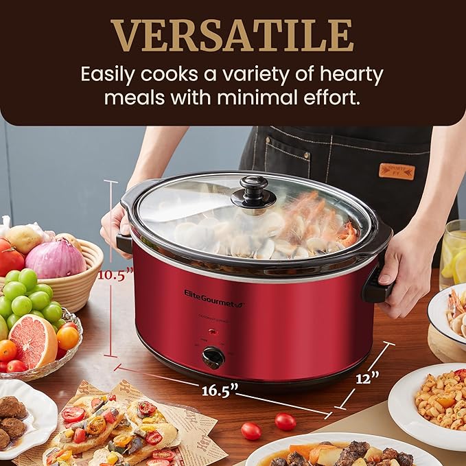Elite Gourmet MST-900RXT# Electric Ceramic XL Jumbo Slow Cooker, Adjustable Temp, Entrees, Sauces, Stews & Dips, Dishwasher Safe Glass Lid & Crock, 8.5Qt, MetallicRed