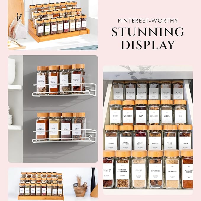 FINESSY Bamboo Glass Spice Jars with Labels and Shaker Lids Clear Empty 4oz 24 Pack Bottles Set, Glass Spice Containers with Labels, Seasoning Organizer Jars