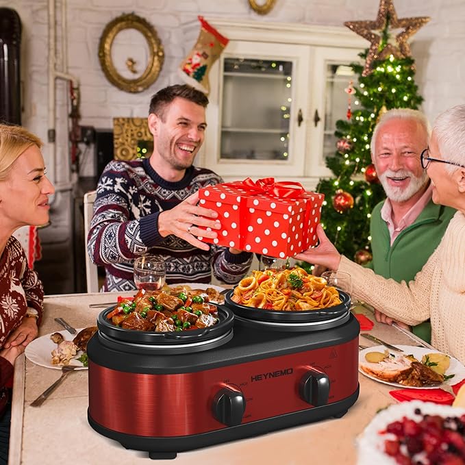 Double Slow Cooker, 2 X 1.25QT Slow Cooker with 3 Cooking Settings, Buffet Servers and Warmers with Dishwasher-Safe Ceramic Pot, Glass Lid, Red