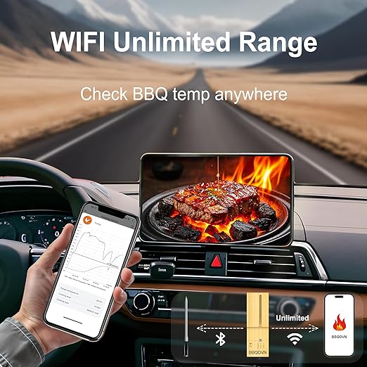 WiFi Bluetooth Wireless Meat Thermometer Unlimited Range, Check Temp Anywhere,7 NIST Certified Sensors with Ambient Temp, Monitor for BBQ, Grill, Oven, Smoker, Air Fryer (Black)