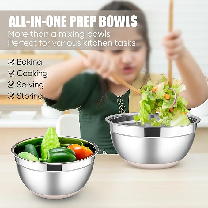 E-far Stainless Steel Mixing Bowls with Lids Set, 5-Piece Nesting Salad Bowls with 3 Grater Attachments and Non-Slip Bottoms, Size 4.6, 2.6, 2, 1.5, 1QT for Kitchen (Khaki)