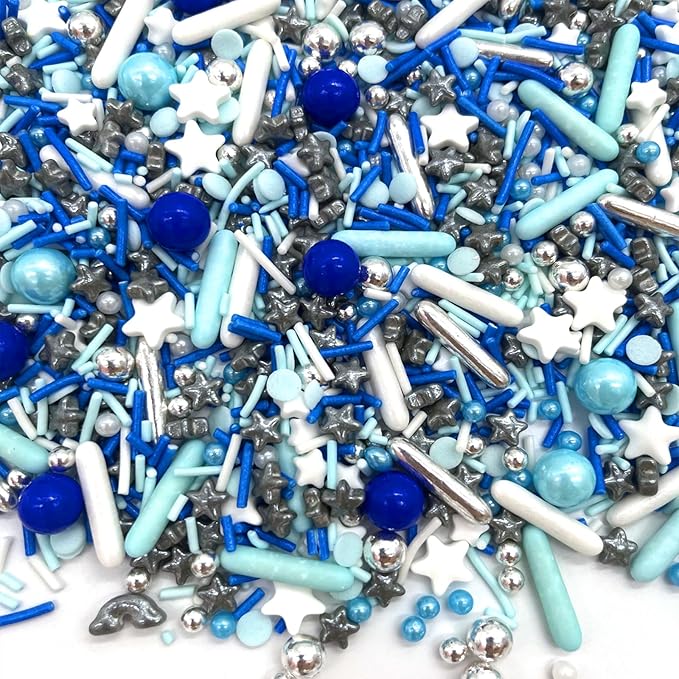 Weraru Edible Blue Silver Pearl Mix Sprinkles Candy Mixing Size Baking Edible Cake Decorations Cupcake Toppers Cookie Decorating Celebrations Wedding Shower Party Chirstmas Supplies 130g/ 4.6oz