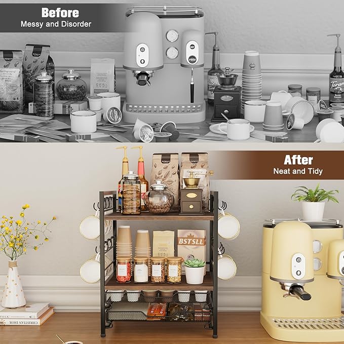 Coffee Bar Organizer, 4 Tier Coffee Station Organizer for Countertop, 30 K Cup Pod Drawer, Mug Cup Holder Stand with 12 Hooks, Multifunctional K Pods Shelf Storage Holder Drawer