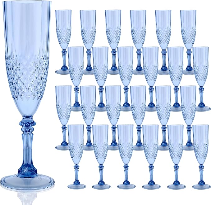 Plastic Champagne Flutes, 24PCS Blue Plastic Wine Glasses Goblets Reusable Champagne Flute for Weddings, Bachelor Parties, Toasting, and Events (24, Blue)