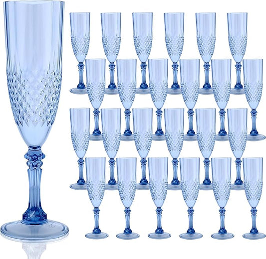 Plastic Champagne Flutes, 24PCS Blue Plastic Wine Glasses Goblets Reusable Champagne Flute for Weddings, Bachelor Parties, Toasting, and Events (24, Blue)