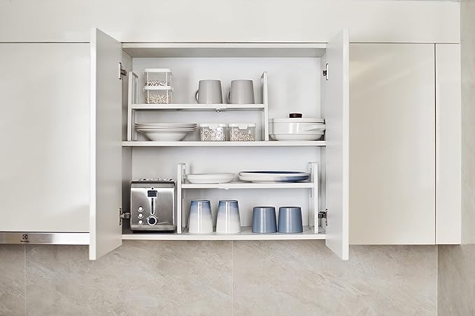 Nxconsu Cabinet Shelf Expandable Height Adjustable Organizer Riser for Kitchen Cabinet Pantry Cupboard Under Sink Countertop Organization Storage Space Saver Stackable Heavy Duty Metal White