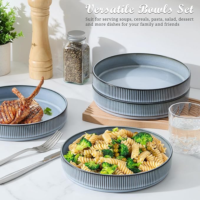 E-far Pasta Bowls Set of 4, 35oz Large Salad Bowl Plate for Dinner Serving Soup, Wide & Shallow Ceramic Stoneware Pasta Plates, Microwave & Dishwasher Safe, Reactive Glaze Textured Stripes, Dusty Blue