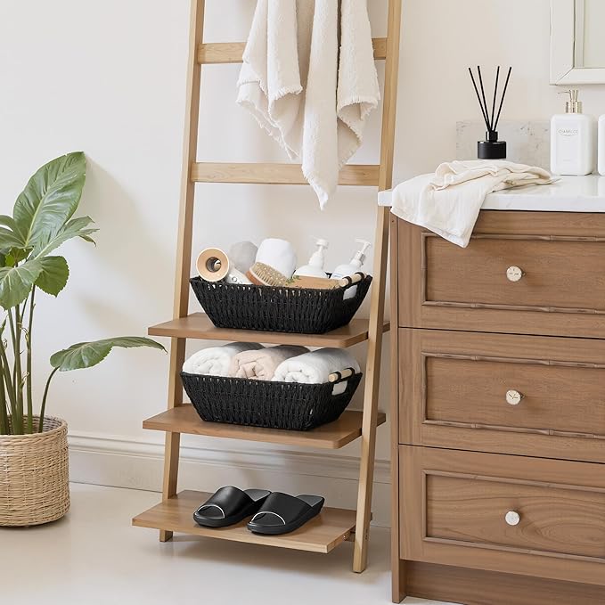 StorageWorks Large Wicker Storage Basket for Organizing with Wooden Handles, Toilet Paper Baskets for Bathroom, Black, 2-Pack