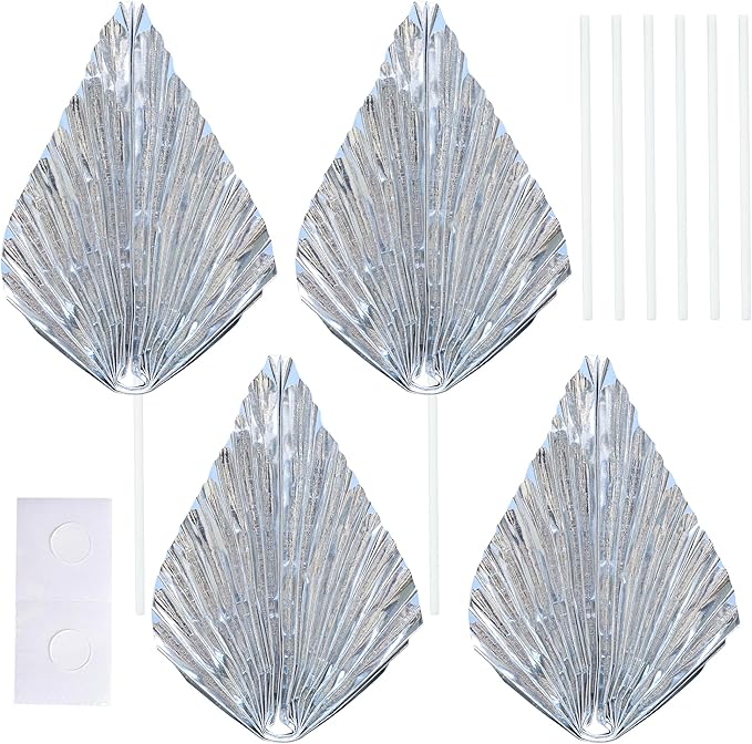 Gyufise 6Pcs Paper Palm Fan Cake Topper Palm Leaf Fan Cake Pick for DIY Bakeware Craft Project Home Made Wedding Bridal Shower Birthday Anniversary Party Cake Decorations Supplies Metallic Silver