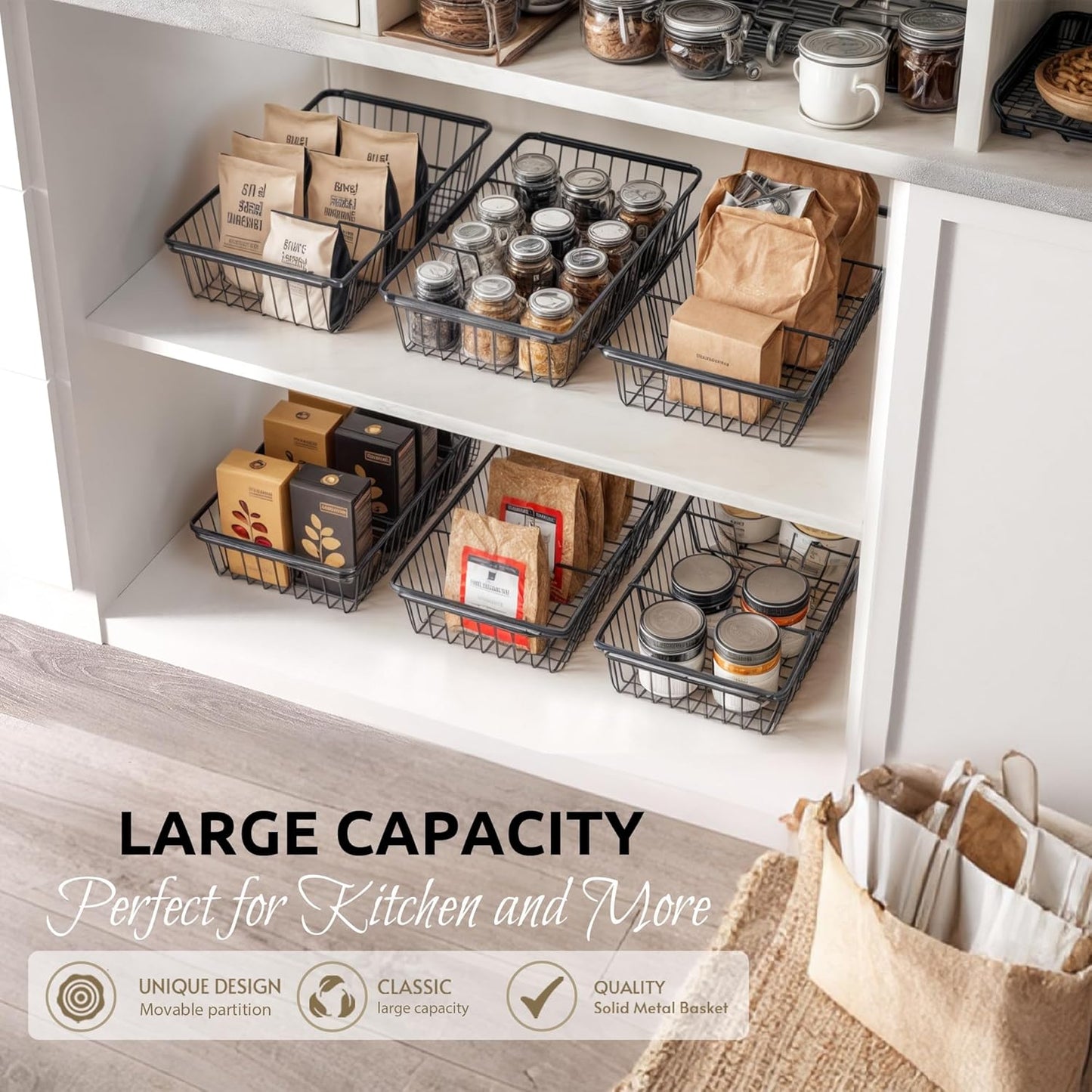 【2 PACK】Wire Baskets for Organizing,14-Inch Metal Basket Movable Partition,Wire Baskets for Pantry&Kitchen, bathroom, cabinets, tabletop, etc