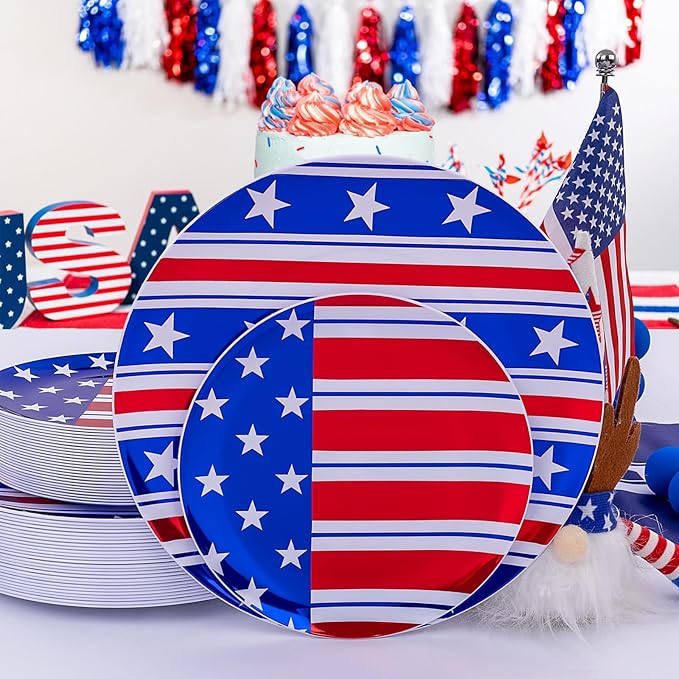 FLOWERCAT 60PCS 4th of July Plates & Red White Blue Plates for Independence Day, Memorial Day - American Flag Plastic Plates Include 30PCS 10.25inch Dinner Plates and 30PCS 7.5inch Dessert Plates