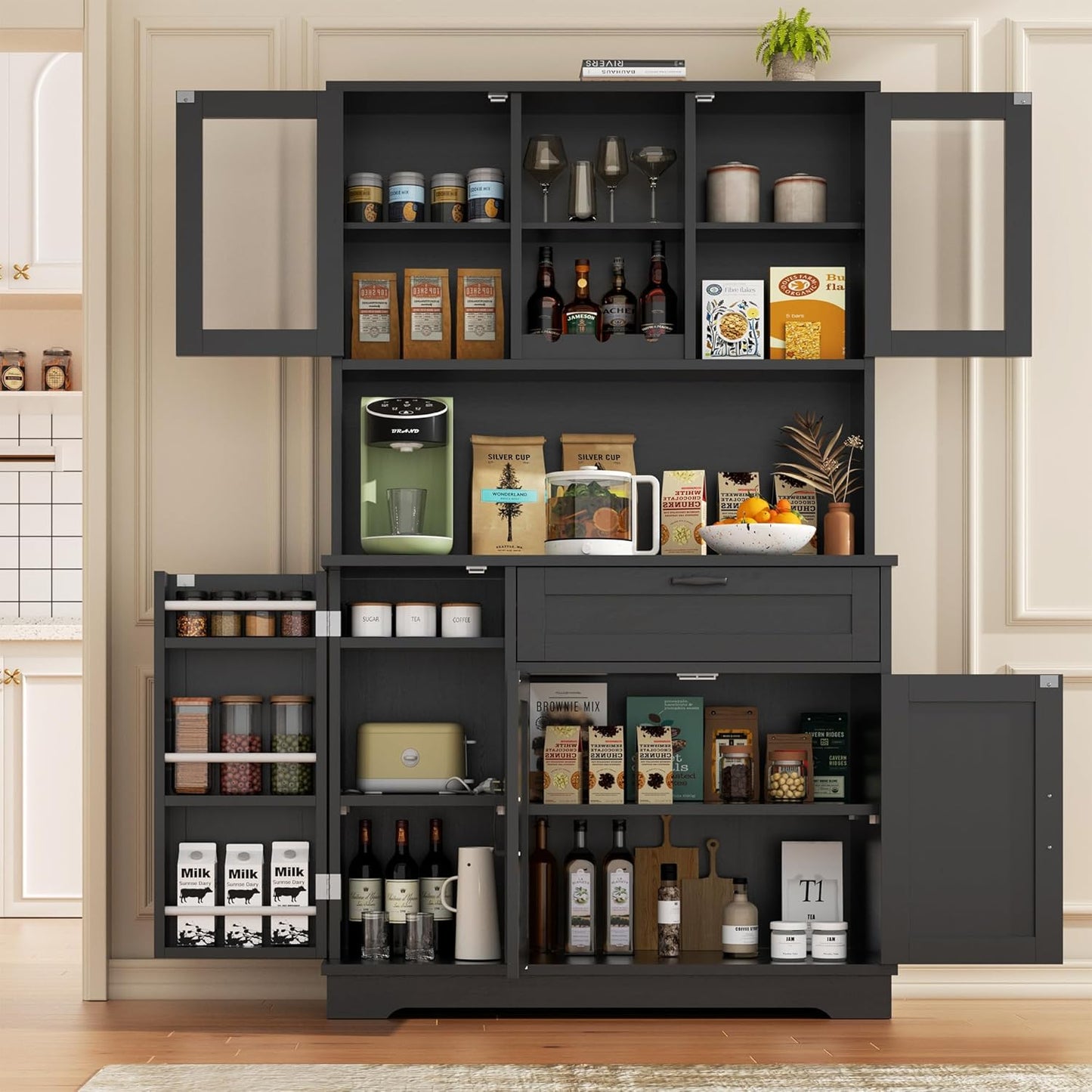 Vongrasig Tall Pantry Cabinet, Kitchen Pantry Storage Cabinet with Microwave Stand,Farmhouse Kitchen Hutch with Adjustable Shelves for Living Room, Dining Room, Black