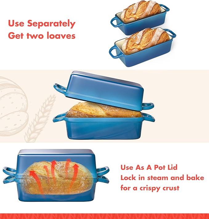 2 IN 1 Cast Iron Bread Loaf Pan with Lid, 3.4QT 9x5 Inch Dutch Oven for Bread Baking, Even Heating Bread Oven, Enameled Bread Pan for Homemade Sourdough Bread Baking & Versatile Cooking, Blue