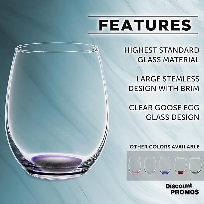 DISCOUNT PROMOS Stemless Wine Glasses in Bulk by ARC Perfection, 15 oz, 10 Pack, Purple or White Wine Glass Set, Purple