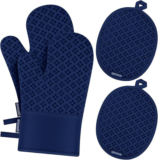 Oven Mitts and Pot Holders 4 Sets, Heat Resistant 500 ℉ Oven Mitt and Pot Holder,Oven Glove&Potholders with Non-Slip Silicone Surface,Kitchen Essentials for Cooking/Baking/BBQ-Marine Blue