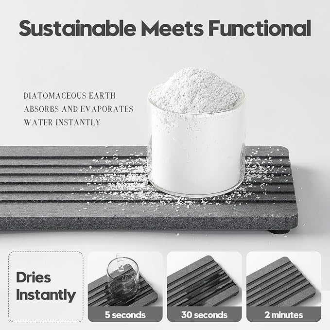 2PCS Diatomite Quick Stone Drying Tray Mat For Bathroom & Kitchen Counter, Instant Dry Water Absorbent Drink Bar Coaster,Vanity Sink Caddy Organizer,Dish Soap Sponge Holders, Charcoal,8"x3.8"