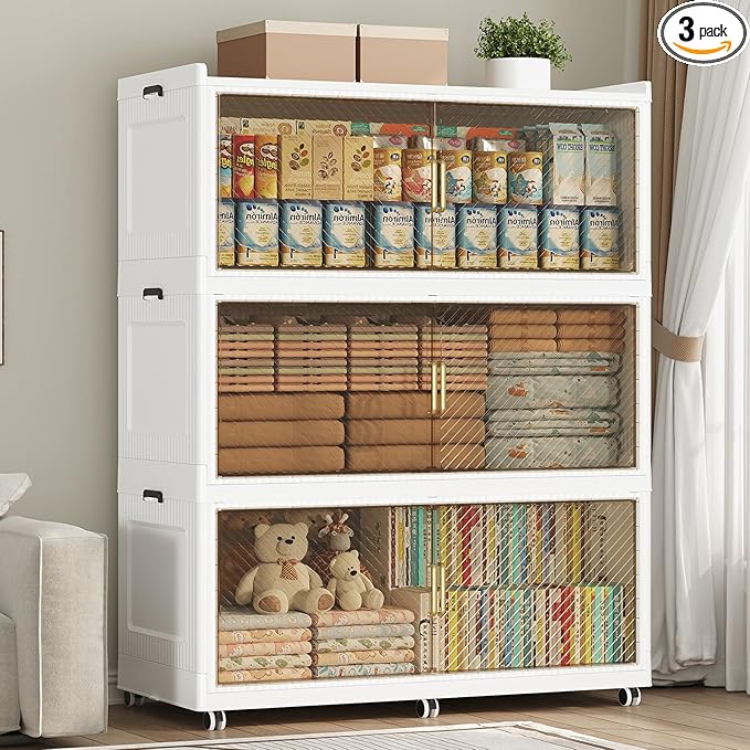 150GAL Extra Large Storage Bins with Lid, 600QT Plastic Stackable Storage Bins with 6x Wheels, Collapsible Closet Organizer and Storage Drawer Cabinet for Living Room Office Dorm, 3Pack White