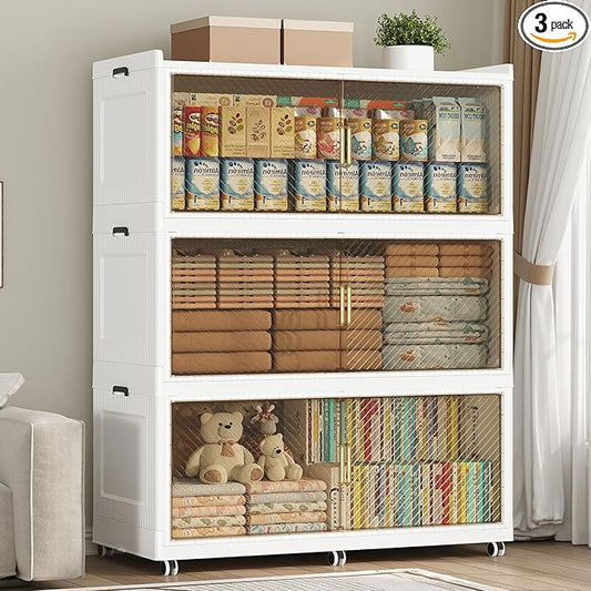 150GAL Extra Large Storage Bins with Lid, 600QT Plastic Stackable Storage Bins with 6x Wheels, Collapsible Closet Organizer and Storage Drawer Cabinet for Living Room Office Dorm, 3Pack White