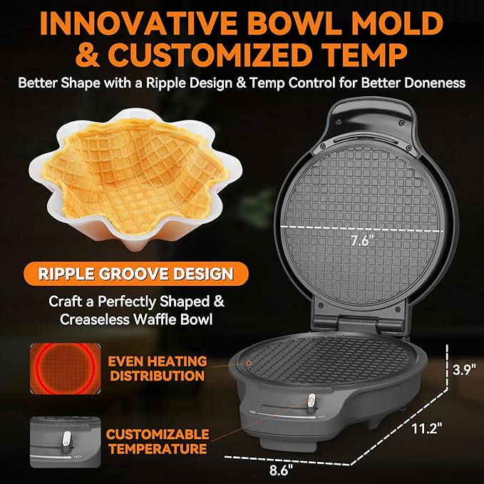 Baker's Friend Waffle Cone Maker Machine with Browning Control, Nonstick Waffle Bowl Maker, 7.5” Ice Cream Cone Maker, Thin Waffle Maker Crispy, Cone Roller & Bowl Press Included, Graphite