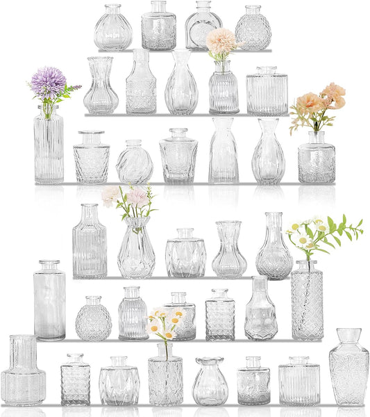 36Pcs Bud Vases Set Small Vintage Glass Bottles Clear Bud Vases in Bulk Multiple Shape Cute Glass Vases for Rustic Wedding Centerpieces Table Decorations and Home Decor(Clear)