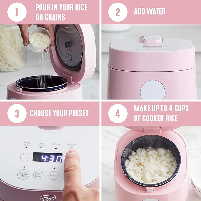 GreenLife Digital Rice Cooker, 2-Cups Uncooked/4-Cups Cooked, Removable Nonstick Ceramic PFAS-Free Pot, One-Touch Presets, Oats, Quinoa, Brown Rice, Auto Keep Warm, Fuzzy Logic Tech, 1.5 QT, Pink