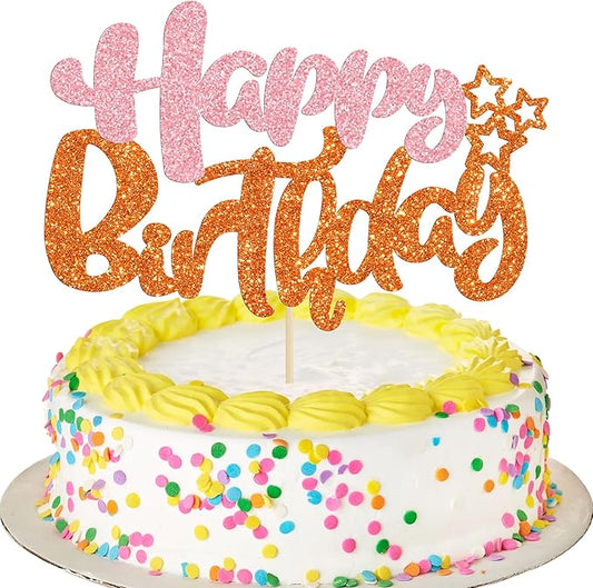 Ephlyn 1Pcs Happy Birthday Cake Topper Glitter Cake Pick for Celebrating Anniversary Party Cake Decorations Supplies Pink Orange
