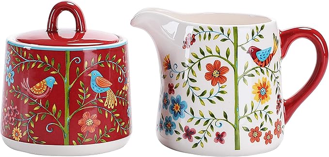Bico Red Spring Bird Ceramic Sugar and Creamer Set, Sugar Bowl with Lid, Cute Container for Coffee Bar, Kitchen Countertop Accessories, Microwave and Dishwasher Safe