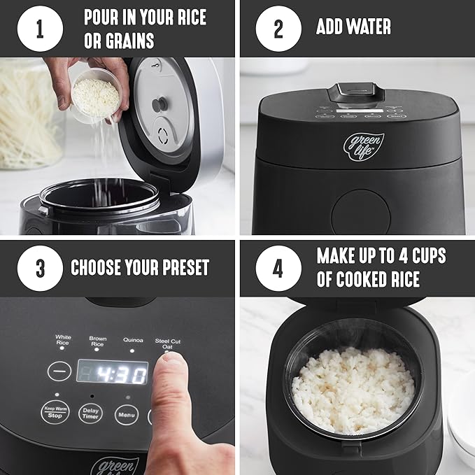 GreenLife Digital Rice Cooker, 2-Cups Uncooked/4-Cups Cooked, Removable Nonstick Ceramic PFAS-Free Pot, One-Touch Presets, Oats, Quinoa, Brown Rice, Auto Keep Warm, Fuzzy Logic Tech, 1.5 QT, Black
