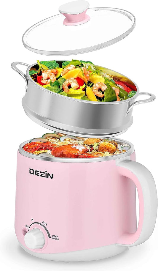 Dezin Electric Pot with Steamer, Hot Pot Electric 1.6L, Stainless Steel Cooker for Ramen, Egg, Dumpling, Soup, Oatmeal with Temperature Control and Keep Warm Function, Pink