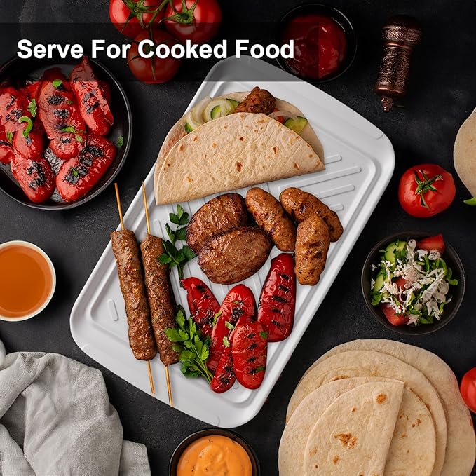 LEHAHA Grilling Prep and Serve Trays, Melamine BBQ Tray for Raw and Cooked Food, Food Serving Platter and plate for Outdoor Party,Large Melamine Serving Platter, Set of 2, 17.2 x 10.5'',Blue and White