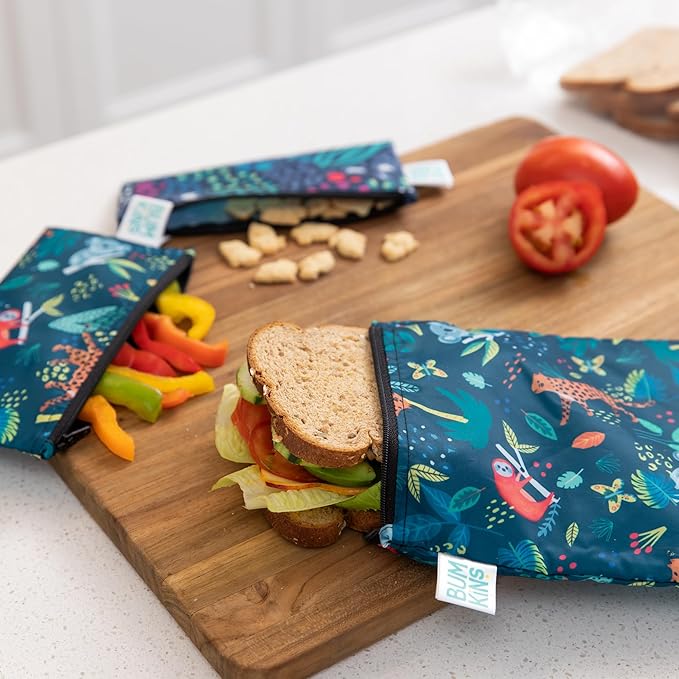 Bumkins - Cloth Snack & Sandwich Bags - For Storage, Travel, Food Prep, Lunch - Reusable, Water Resistant, Washable, Dishwasher Safe - Snack Bags for Kids - Zipper Closure - Jungle - 4 Pack