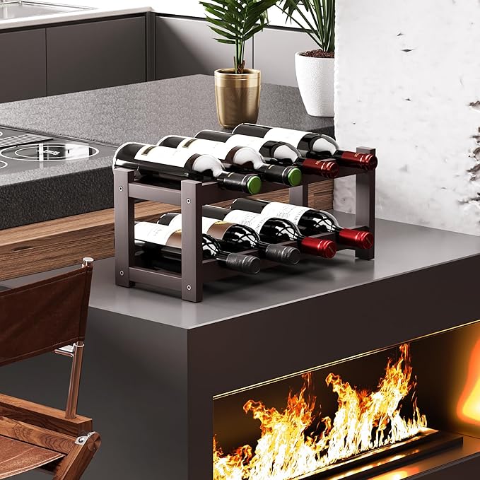 BAMEOS Bamboo Wine Rack, 2 Tier Wine Racks Countertop Storage, Wine Bottle Holder Wine Rack freestanding Floor for Kitchen, Bar, Pantry, Wine Cellar, Basement,Study, (16.85 L x 9.25W x 7H) Espresso