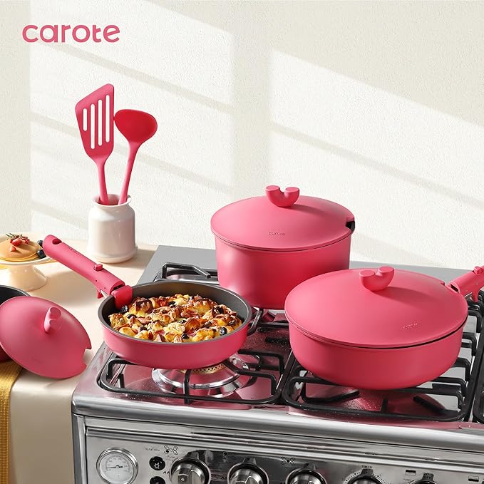 CAROTE 24pcs Pots and Pans Set Non Stick, Nonstick Cookware Set, Oven/Dishwasher/Fridge Safe Pots and Pans, RV Safe Cookware, Induction Kitchen Gift Set Detachable Handle, Pink