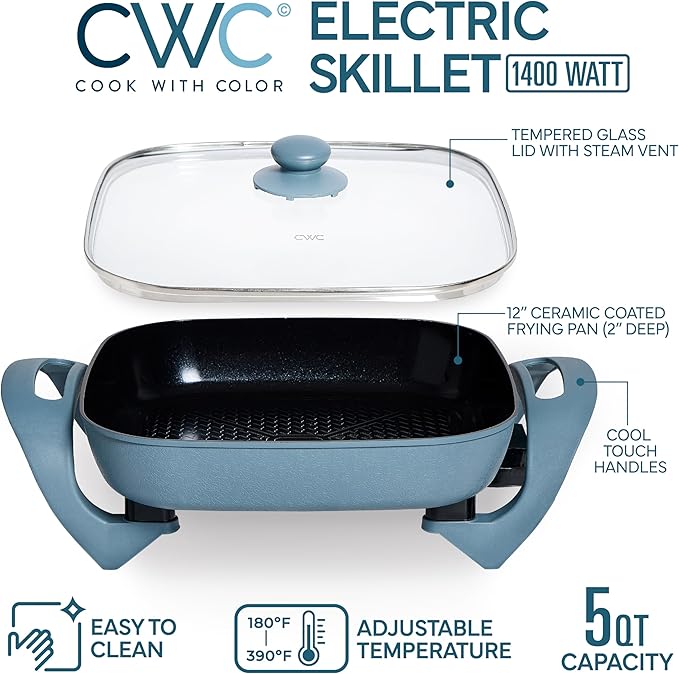 COOK WITH COLOR Electric Skillet - 12" x 12" Ceramic Nonstick Pan, PFAS-Free, 1400W, Tempered Glass Lid, Variable Temperature, Removable Heating Probe, Cool-Touch Handles, Slate Blue