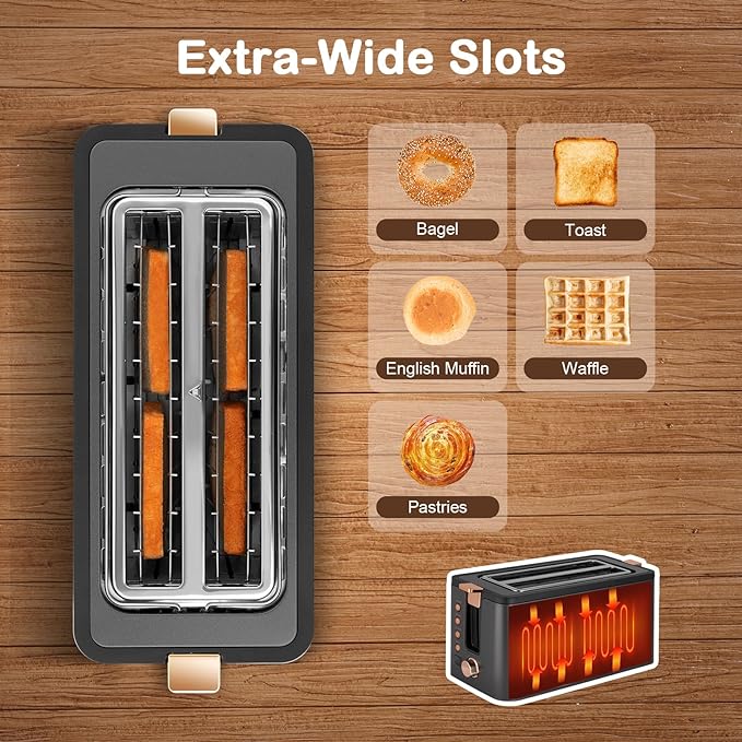 Mecity 4 Slice Toaster, Long Slot Toaster With Warming Rack, Bagel/Defrost/Reheat Functions,Warming Rack, Crumb Tray, 6 Browning Settings, Extra Wide Long Slots, Stainless Steel, 1300W,Grey